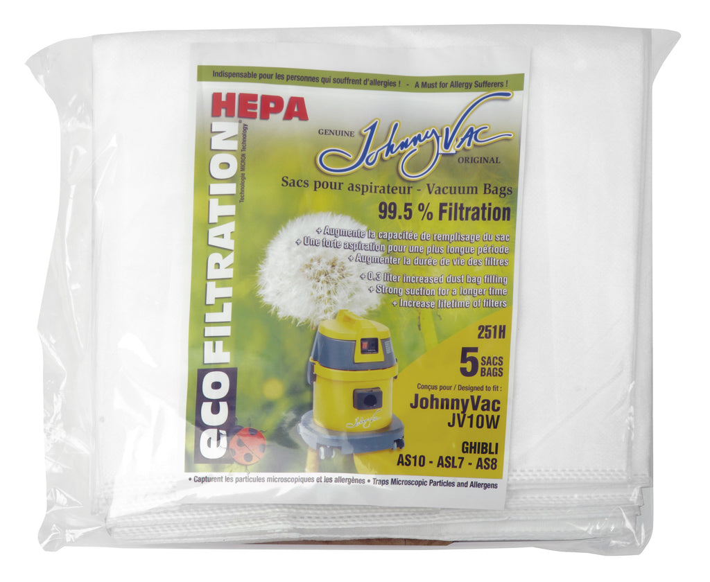 Sac microfiltre HEPA pour aspirateur Johnny Vac modèles JV10W et  Ghibli AS10, ASL7, AS8 - paquet de 5 sacs