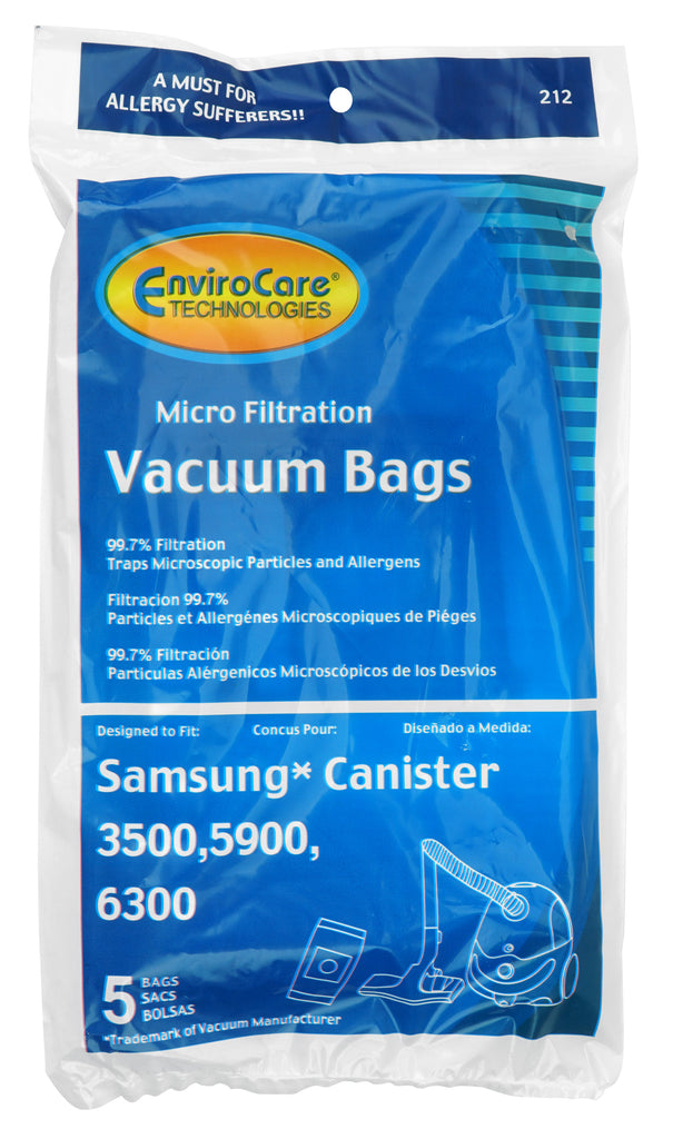 Sac microfiltre pour aspirateur chariot Samsung modèles 3500, 5900 et 6300 - paquet de 5 sacs - Envirocare 212