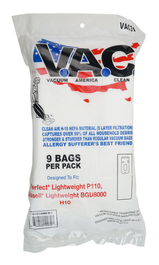 Sac en microfibre - filtration HEPA V.A.C. - Conçu pour aspirateurs Bissell Lightweight BGU8000 H10 et Perfect Lightweight P110 - paquet de 9 sacs - VAC31 - 842892100303