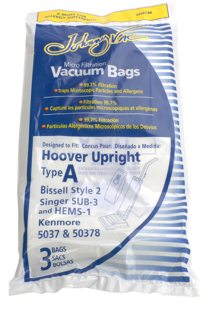 Sac microfiltre pour aspirateur Hoover type A, Bissell Style 2, Singer SUB-3, HEMS-1 et Kenmore 5037/50378 - paquet de 3 sacs - Envirocare 809