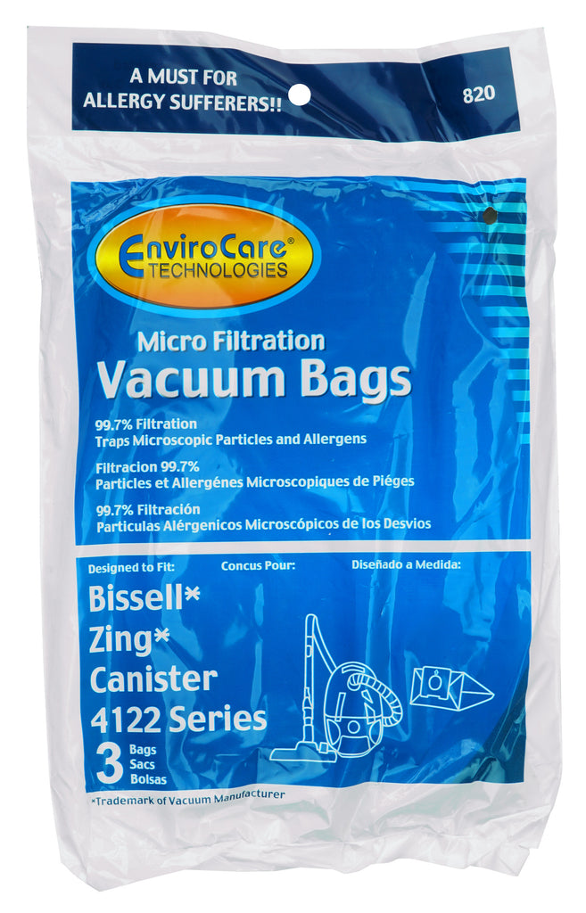 Sac microfiltre pour aspirateur chariot Bissell Zing série 4122 - paquet de 3 sacs - Envirocare 820