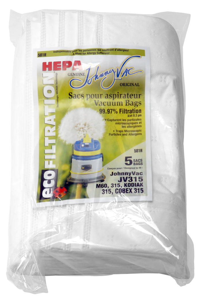 Sac microfiltre HEPA pour aspirateur Johnny Vac JV315 et M60, 315 Kodiak 315, Cobex 315 - paquet de 5 sacs