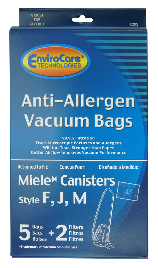 Sac microfiltre HEPA pour aspirateur chariot Miele de type F, J et M - paquet de 5 sacs + 2 filtres - Envirocare  C205