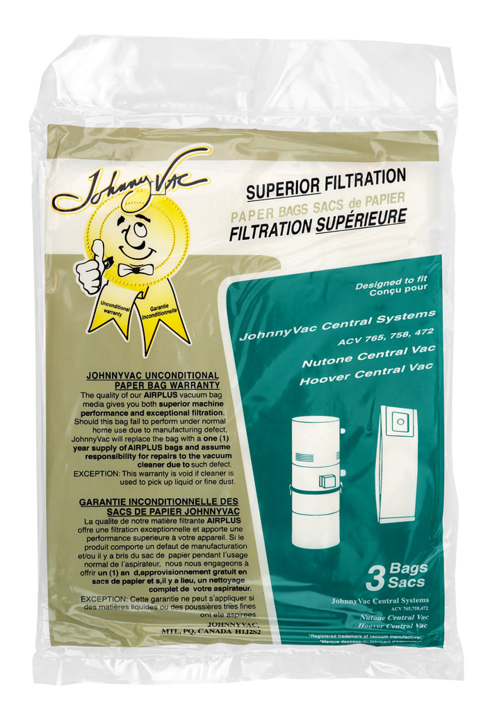Sac en papier pour aspirateur central Johnny Vac Powerlux et Superlux, Nutone et Hoover - paquet de 3 sacs - Envirocare 505CAJV