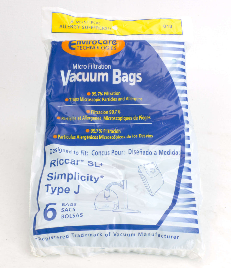 Sac microfiltre pour aspirateur Riccar SL+ Simplicity type J - paquet de 6 sacs - Envirocare 810