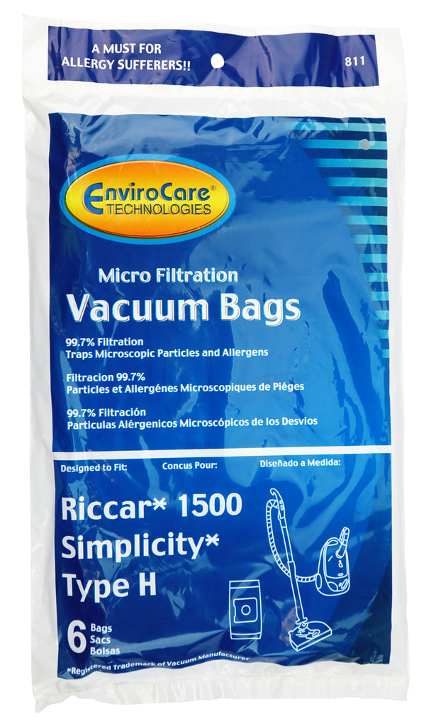 Sac microfiltre pour aspirateur Riccar 1500 et Simplicity type H - paquet de 6 sacs - Envirocare 811
