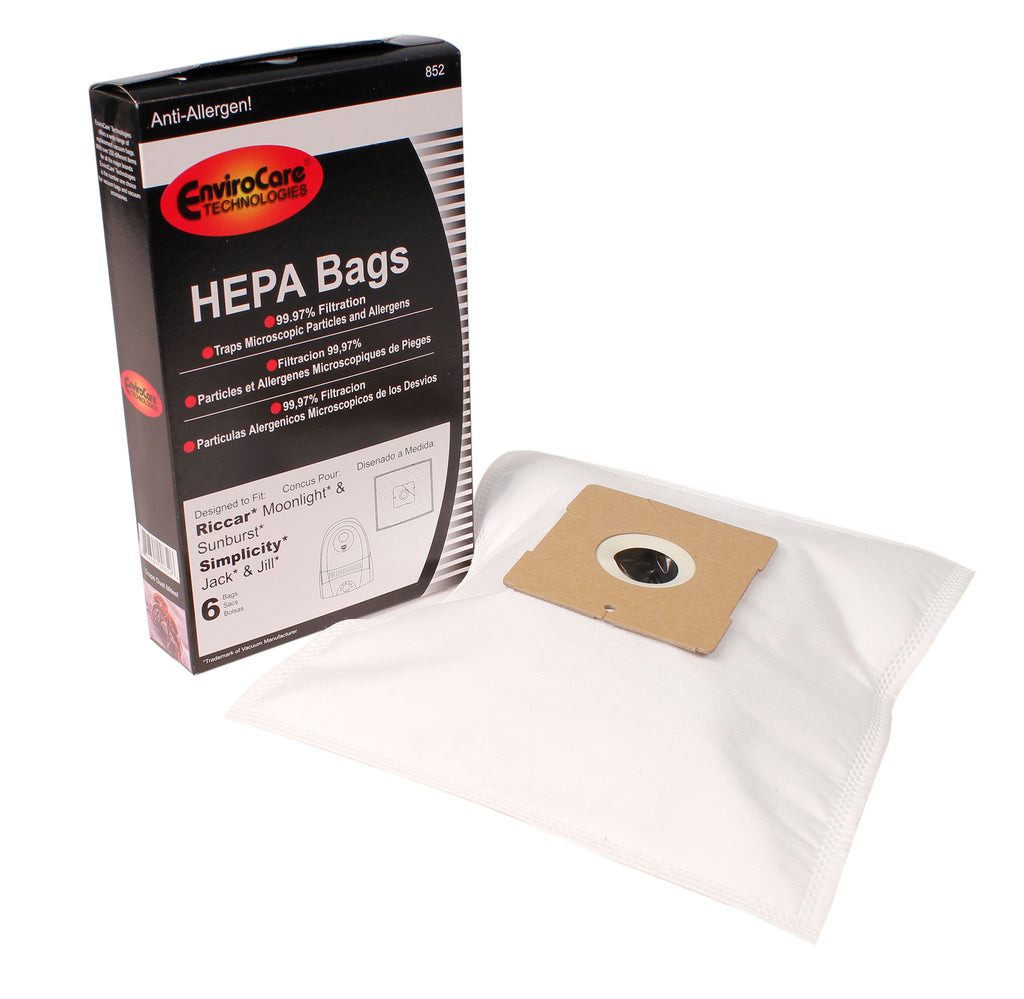 Sac microfiltre HEPA pour aspirateur Riccar Moonlight et Sunburst, Simplicity Jack et Jill - paquet de 6 sacs - Envirocare 852