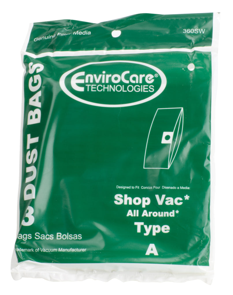 Sac en papier pour aspirateur Shop Vac type A avec capacité du réservoir de 5,7 L (1,25 gallons) - paquet de 3 sacs - Envirocare 360SW