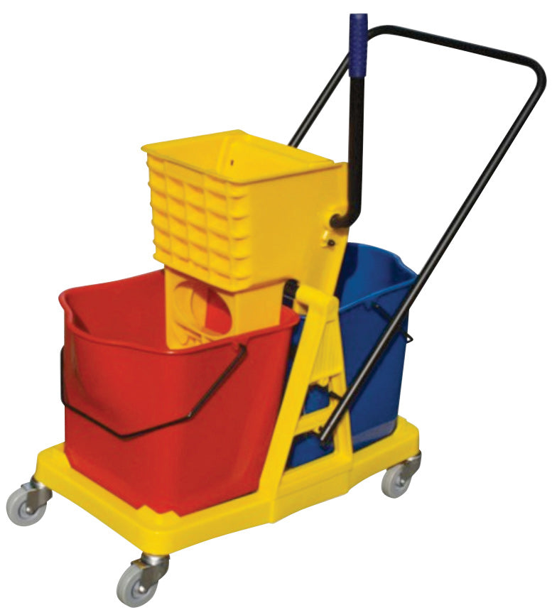 Chariot mobile avec seaux et tordeur à pression latérale - 12 gal (46 L) - rouge, bleu et jaune