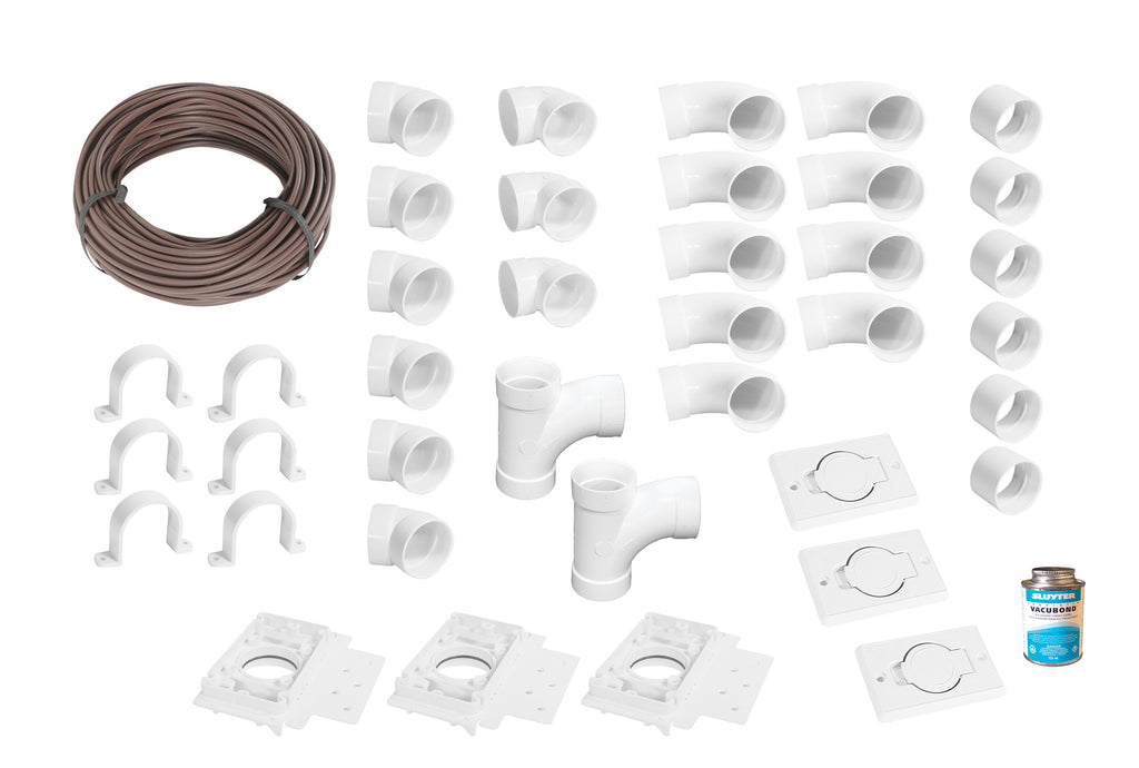 Ensemble d'installation pour aspirateur central - 3 prises - avec accessoires et prises murales