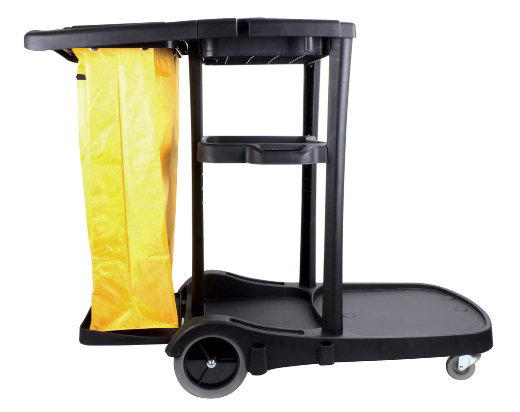 Chariot de concierge avec roues avant pivotantes et roues arrières non marquantes - support pour sac à déchets en polyester - 3 tablettes - noir