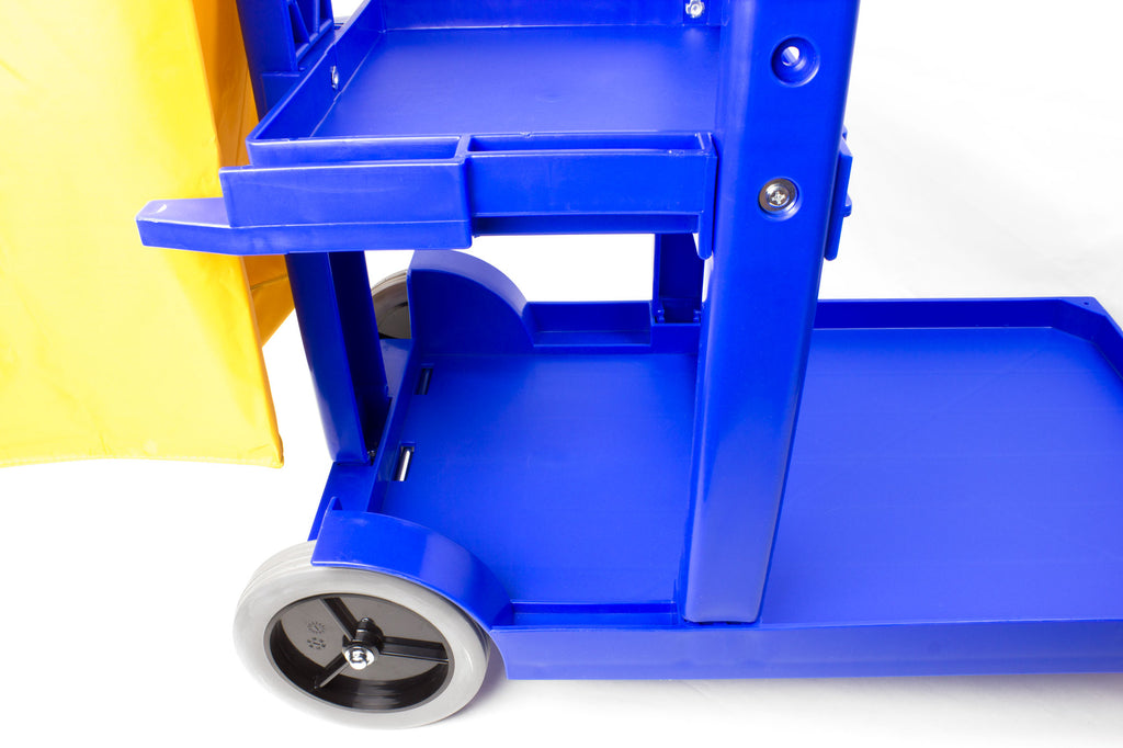 Chariot de concierge avec roues avant pivotantes et roues arrières non marquantes - support pour sac à déchets en polyester - 3 tablettes - bleu