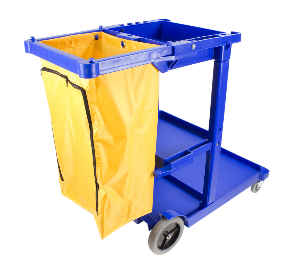 Chariot de concierge avec roues avant pivotantes et roues arrières non marquantes - support pour sac à déchets en polyester - 3 tablettes - bleu