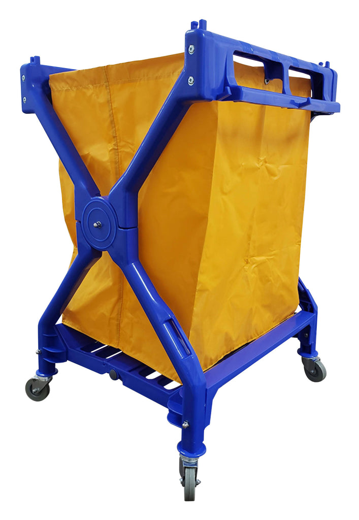 Chariot commercial pour linge / courrier en forme de  X - avec roues pivotantes - support de sac en polyester - bleu
