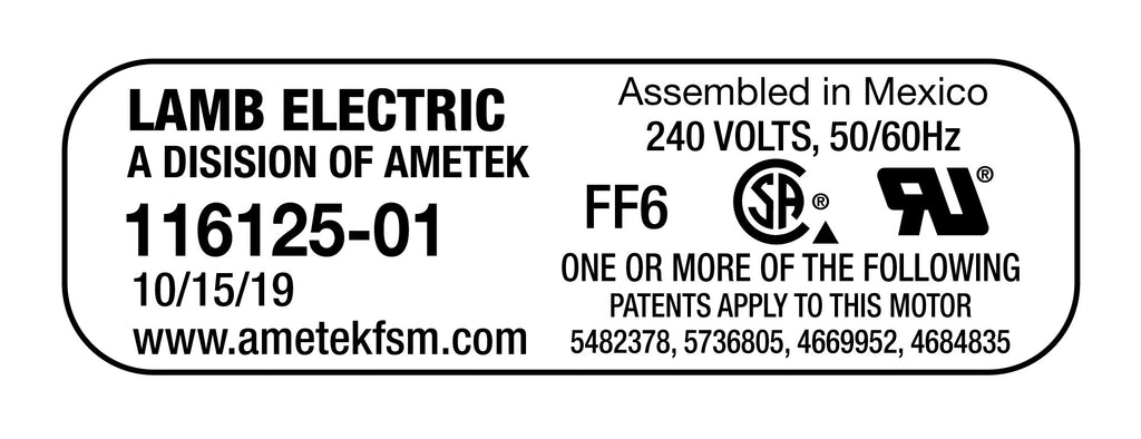 Moteur pour aspirateur "Bypass" - dia 5,7" - 2 ventilateurs - 240 V - 3,6 A - 781 W - 220 watts-air - levée d'eau 76,2" - CFM (pi3/min) 87,7 - Lamb/Ametek 116125-01 (S)