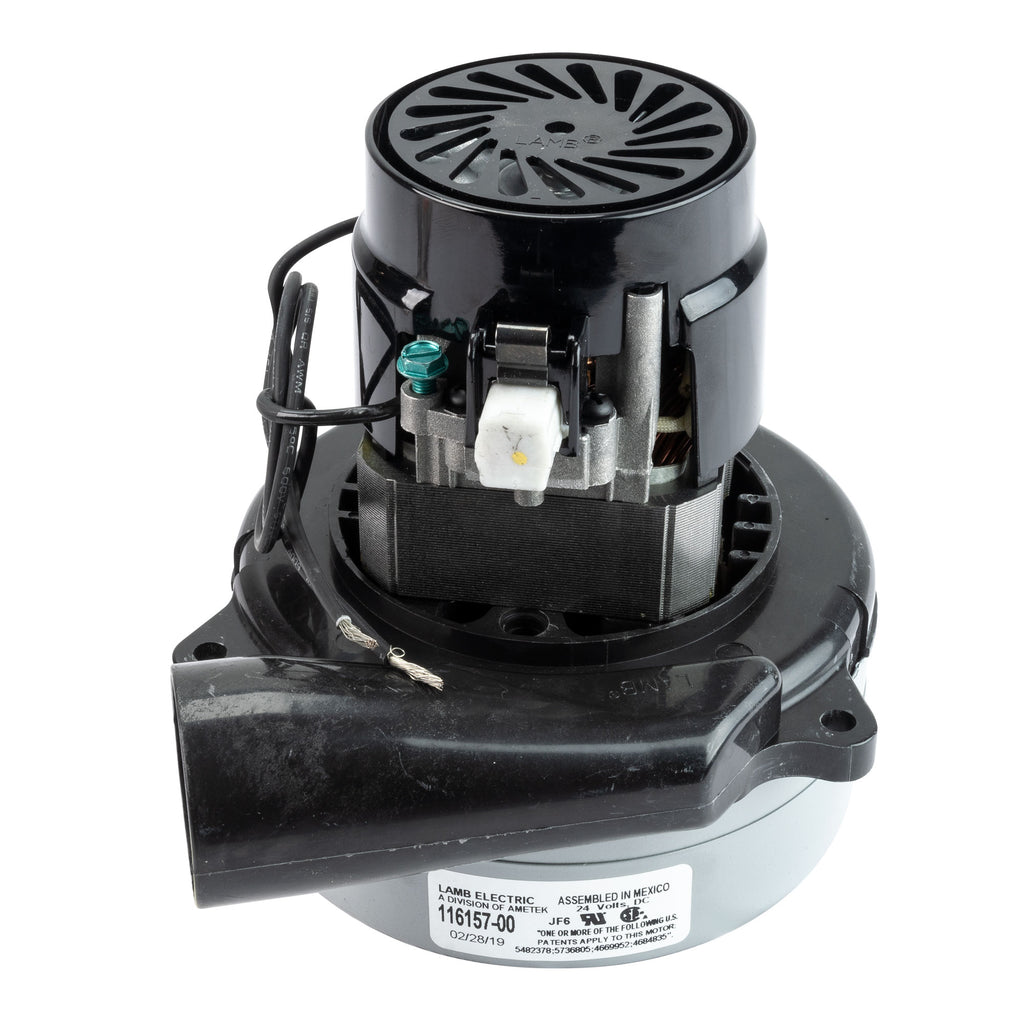 Moteur pour aspirateur tangentiel - dia 5,7" - 2 ventilateurs - 24 Volts - 16,2 A - 390 W - 91 watts-air - levée d'eau 45,8" - CFM (pi3/min) 67,8 - peinture epoxy - Lamb/Ametek 116157-00 (B)