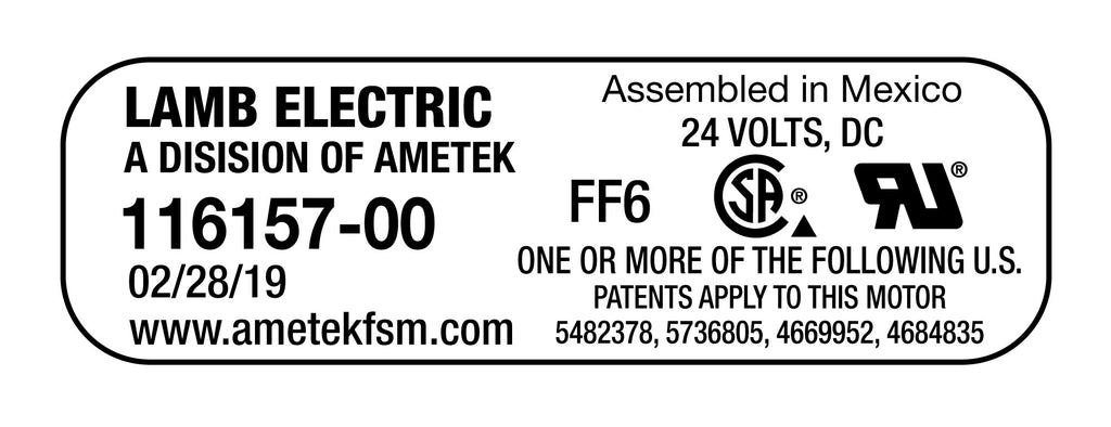 Moteur pour aspirateur tangentiel - dia 5,7" - 2 ventilateurs - 24 Volts - 16,2 A - 390 W - 91 watts-air - levée d'eau 45,8" - CFM (pi3/min) 67,8 - peinture epoxy - Lamb/Ametek 116157-00 (B)