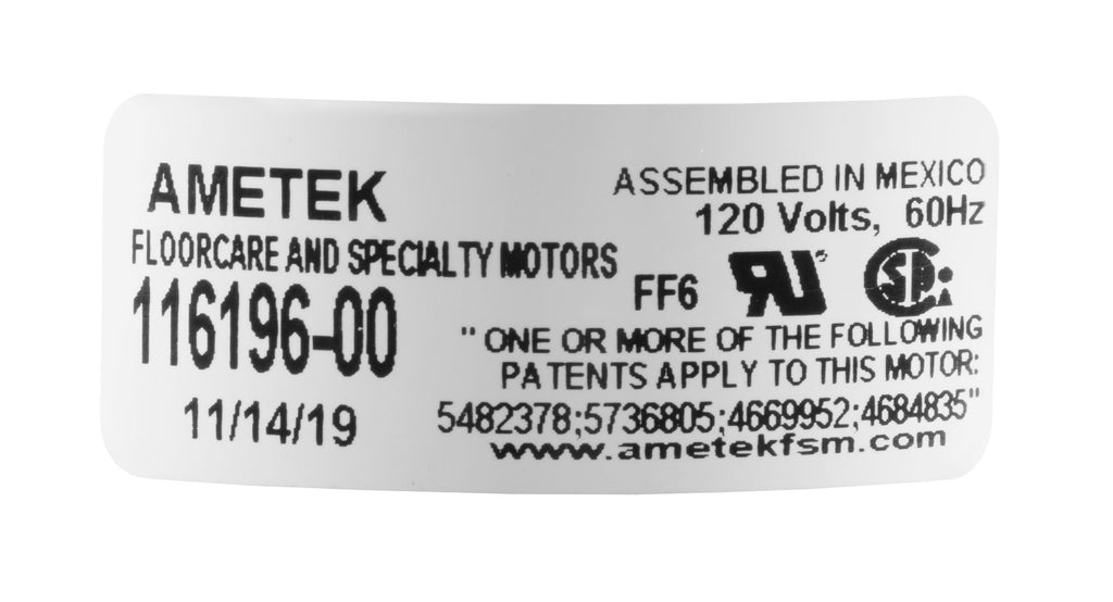 Moteur pour aspirateur "Bypass" - dia 5,7" - 1 ventilateur - 120 V - 7 A - 827 W - 291 watts-air - levée d'eau 49,5" - CFM (pi3/min) 133 - Lamb / Ametek 116196-00 (S)