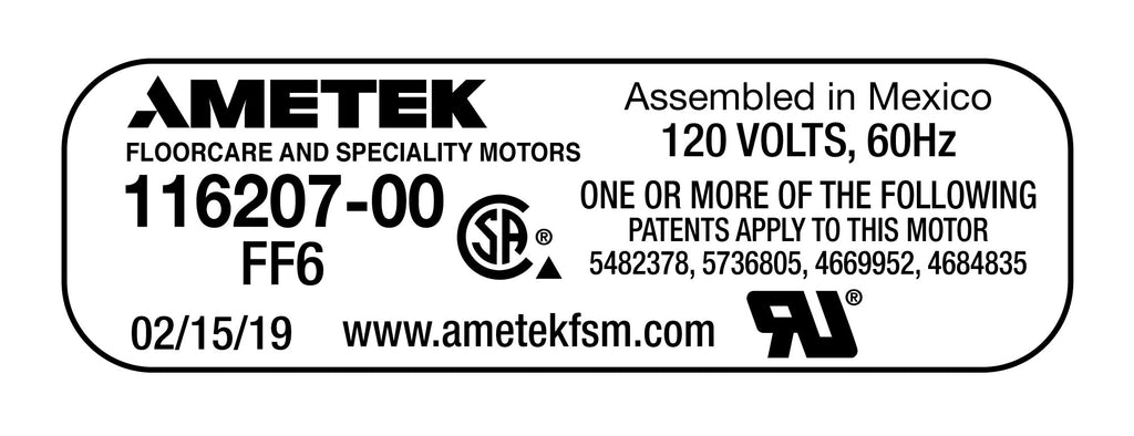 Moteur pour aspirateur tangentiel - dia 5,7" - 2 ventilateurs - 120 V - 9,1 A - 1041 W - 300 watts-air - levée d'eau 91,3" - CFM (pi3/min) 104 - Lamb/Ametek 116207-00 (B)