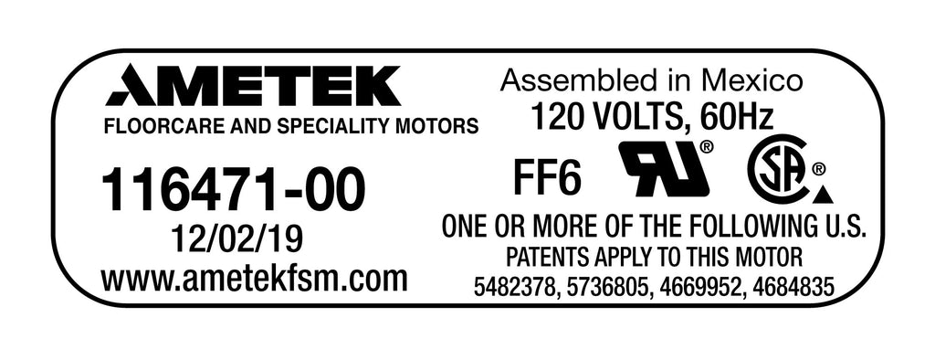 Moteur pour aspirateur "Bypass" - dia 5,7" - 2 ventilateurs - 120 V - 11,7 A - 1365 W - 404 watts-air - levée d'eau 106,7" - CFM (pi3/min) 112 - Lamb/Ametek 116471-00 (b)