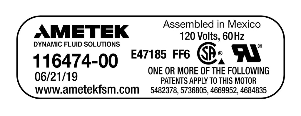 Moteur pour aspirateur tangentiel - dia 5,7" - 2 ventilateurs - 120 V - 9,9 A - 1157 W - 301 watts-air - levée d'eau 92,5" - CFM (pi3/min) 97,4 - Lamb/Ametek 116474-00 (S)