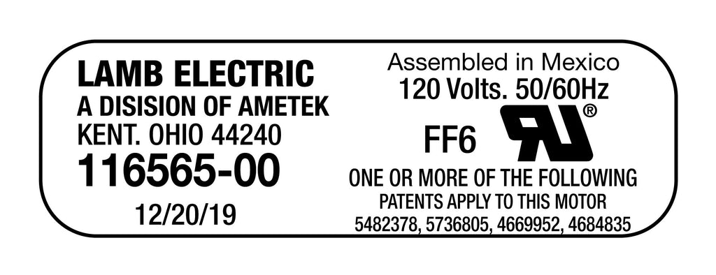 Moteur pour aspirateur tangentiel - dia 5,7" - 3 ventilateurs - 120 V - 10,7 A - 1258 W - 368 watts-air - levée d'eau 117,4" - CFM (pi3/min) 99  - Lamb / Ametek 116565-00