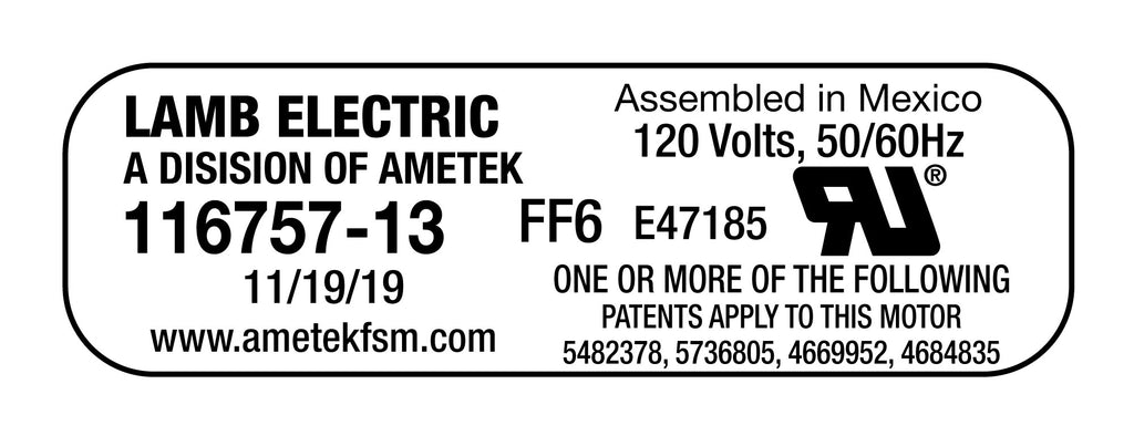 Moteur pour aspirateur - dia 5,7" - 2 ventilateurs - 120 V - 7,9 A - 918 W - 255 watts-air - levée d'eau 84,9" - CFM (pi3/min) 97 - peinture epoxy - Lamb/Ametek 116757-13