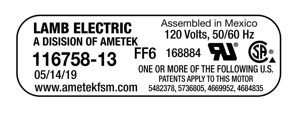 Moteur pour aspirateur - dia 5,7" - 2 ventilateurs - 120 V - 9,2 A - 1049 W - 293 watts-air - levée d'eau 91,5" - CFM (pi3/min) 103 - peinture epoxy - Lamb / Ametek 116758-13 (B)